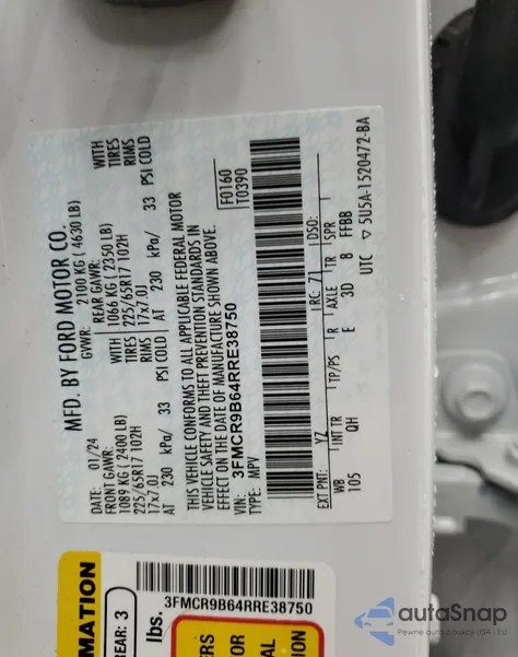 2024 Ford Bronco Sport Big Bend z USA, uszkodzony, nr VIN 3FMCR9B64RRE38750